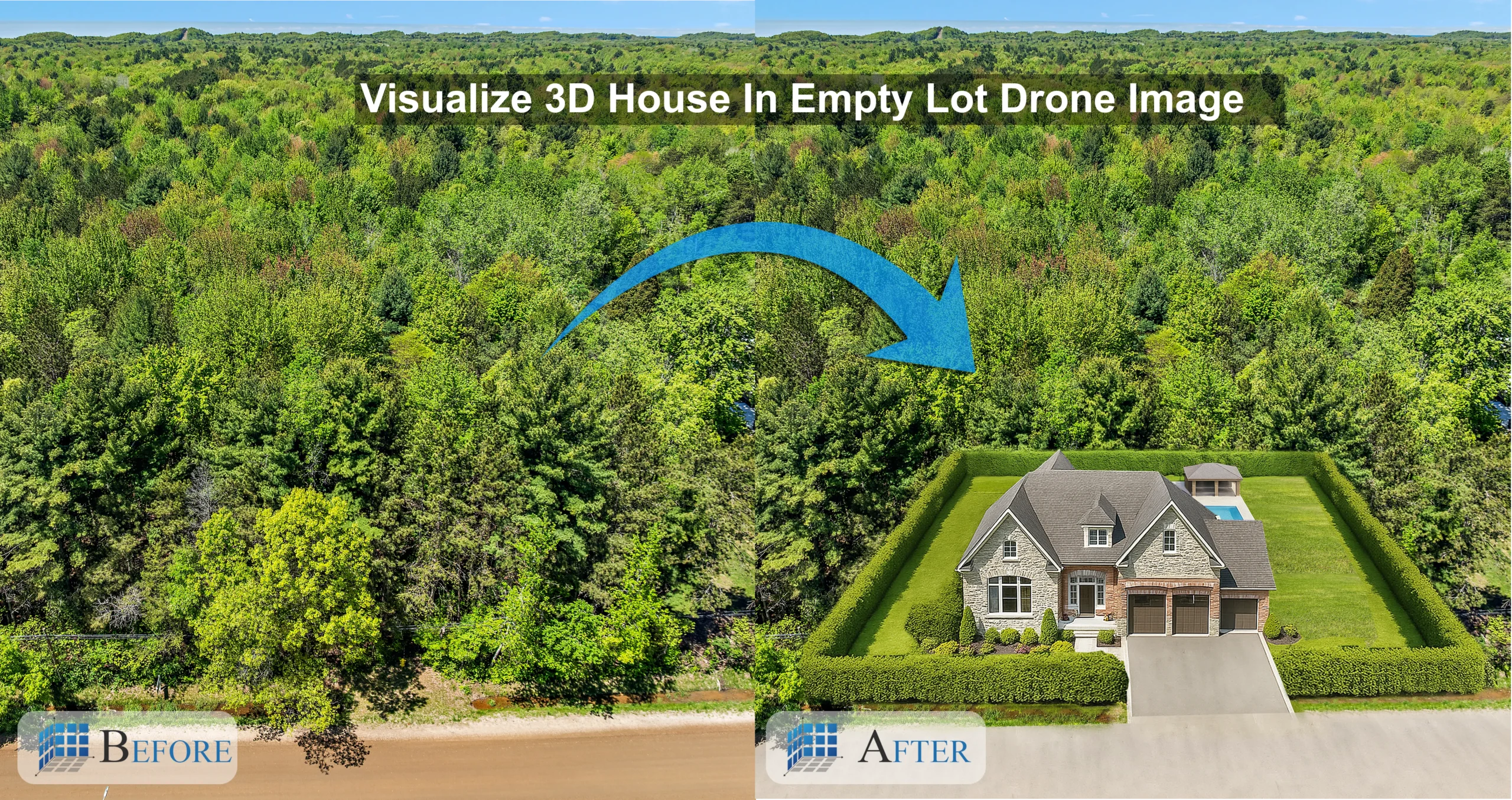 3D house model placed on drone image of empty plot showing realistic visualization for real estate marketing.