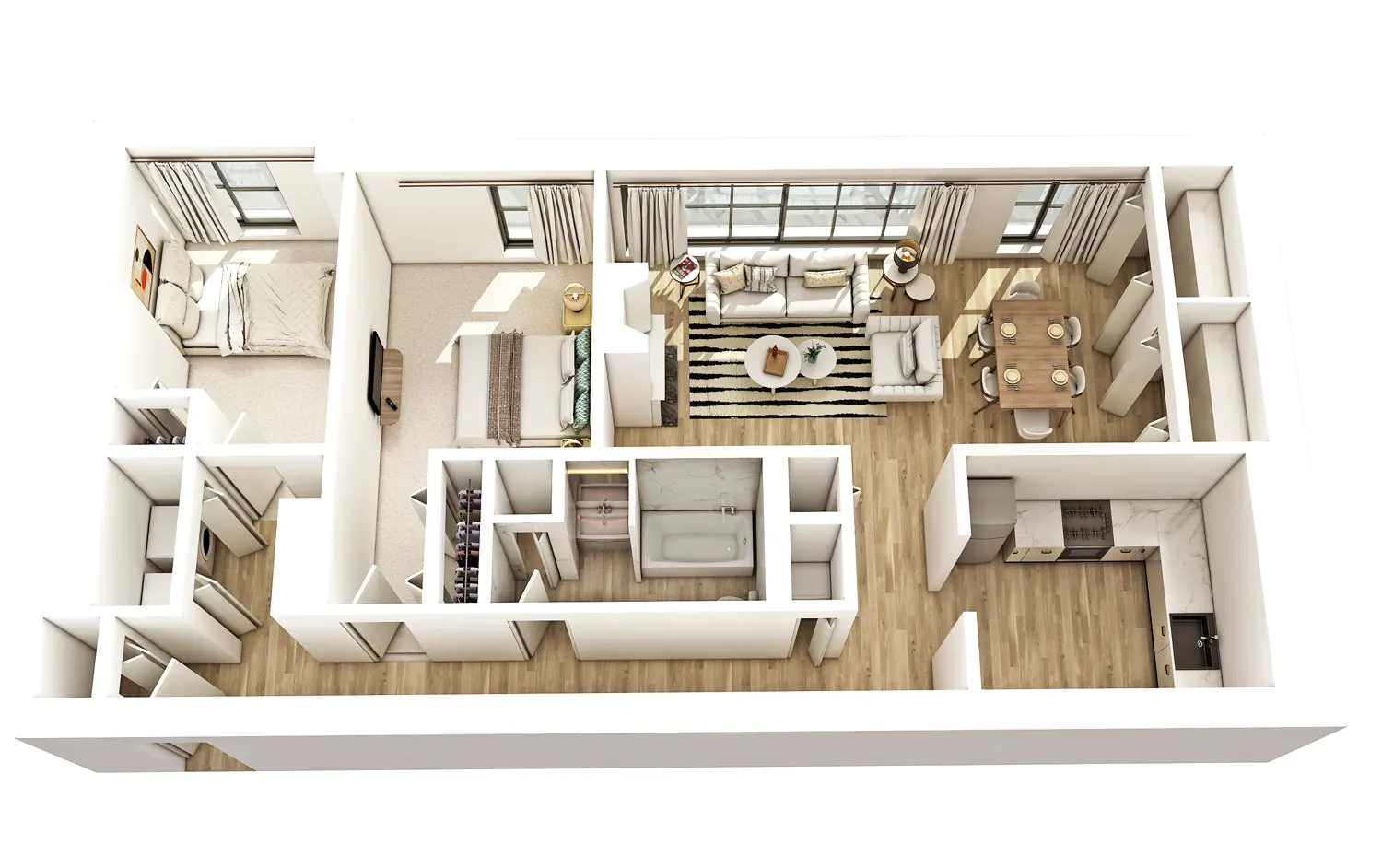 Photorealistic 3D floor plan rendering showing furnished room layout and spatial design used for real estate marketing and property visualization.